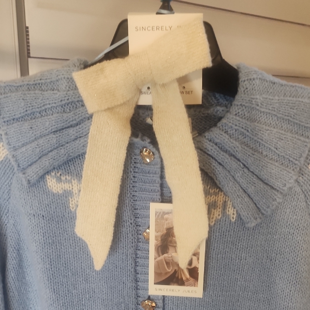 Sincerely Jules Blue Cardigan & Hair Bow Set Size L - Picture 3 of 5